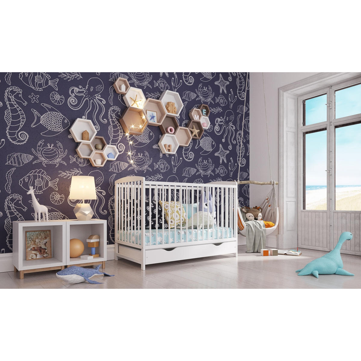 BABYBETT Nina, Mitwachsendes, mit Schublade Weiß - Weiß, Holz (60/120cm) - Premiers Moments