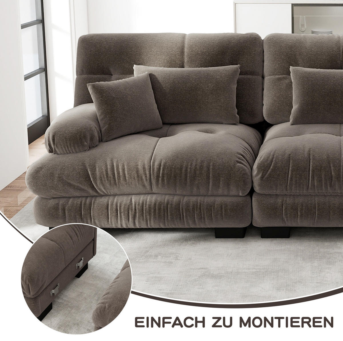 ECKSOFA mit modularer Ottomane, breiten Armlehnen und Deko- sowie Lendenkissen, Braun - Braun, Textil (220/145cm) - Redom