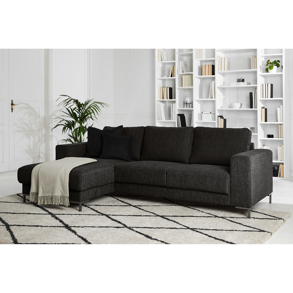 ECKSOFA mit Longchair - Silberfarben/Schwarz, Textil/Metall (236/147cm) - home24