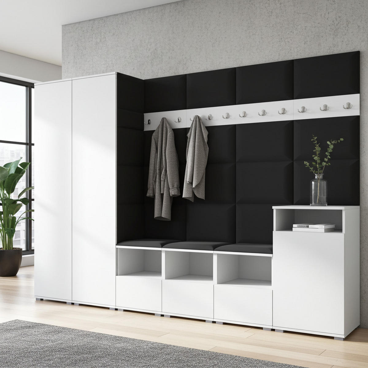 GARDEROBE NELA XII 300 cm (Modulare Flurmöbel Weiß mit Sitzpolster Schwarz 16 Gigantisches Set) - Silberfarben/Schwarz, Holz/Holzwerkstoff (300/187/40cm) - Ravio
