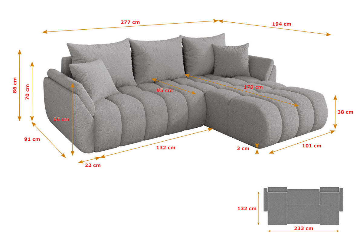ROHOVÁ SEDAČKA s funkcí spaní, otoman vpravo TOKO-L-v1 277x194x86 světle šedá bouclé - černá/stříbrná, kompozitní dřevo/textil (277/194cm) - ALTDECOR
