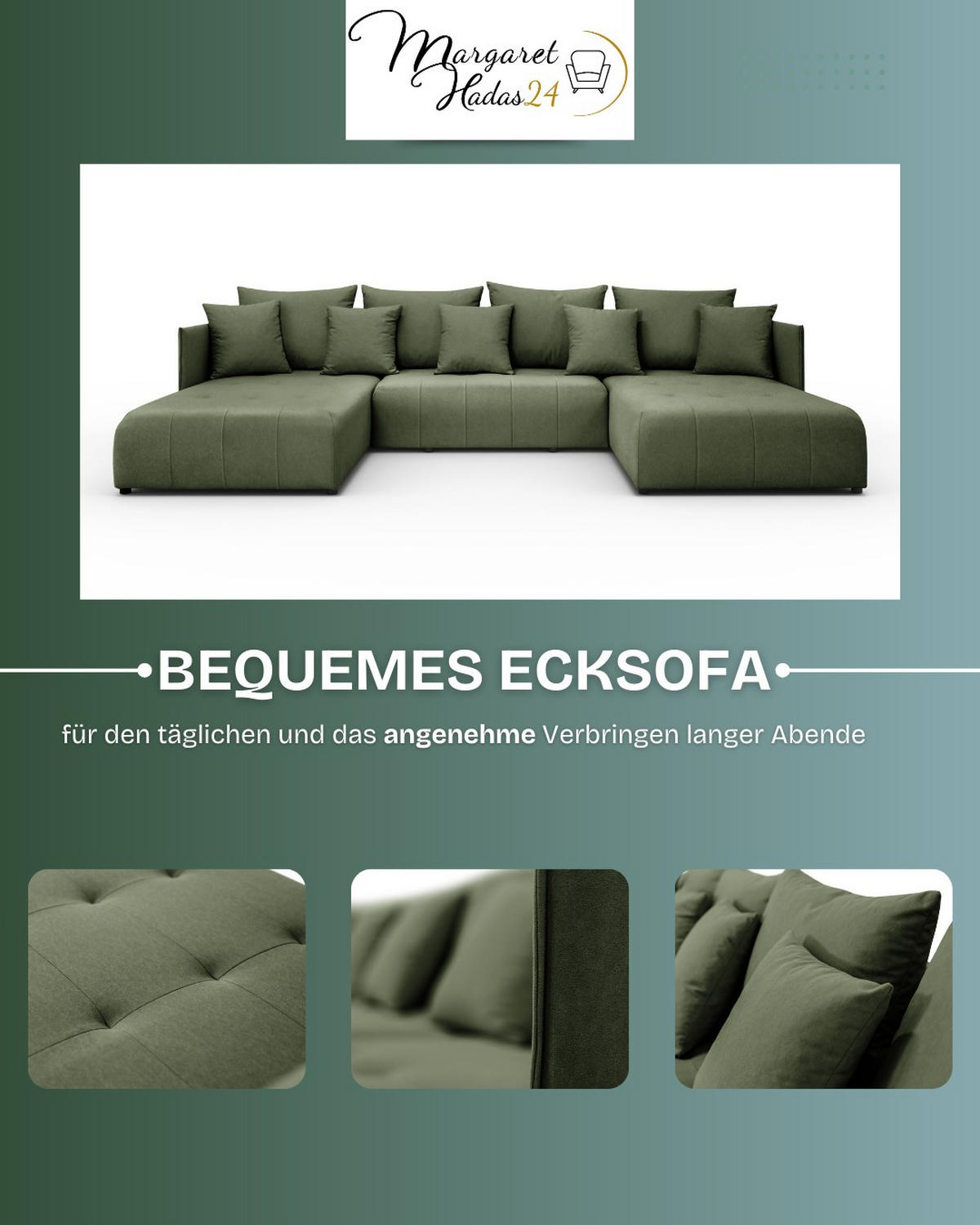 WOHNLANDSCHAFT Hanna in U-Form 348 x 188cm Schlaffunktion Bettkasten, 5 Sitzer, Schlafsofa, grün - Grün, Kunststoff (348/93/188cm) - Margaret Hadas24
