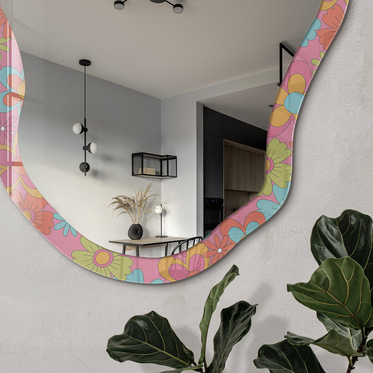 SPIEGEL 90x45 cm asymmetrisch mit Druck - Blumenmuster - Transparent, Glas (45/90/0.4cm) - TULUP