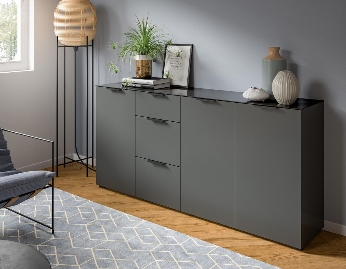 SIDEBOARD grau 179 cm, mit Glasauflage und Soft-Close - Dunkelgrau/Grau, Glas/Holzwerkstoff (179/86/40cm) - Inn.Furn