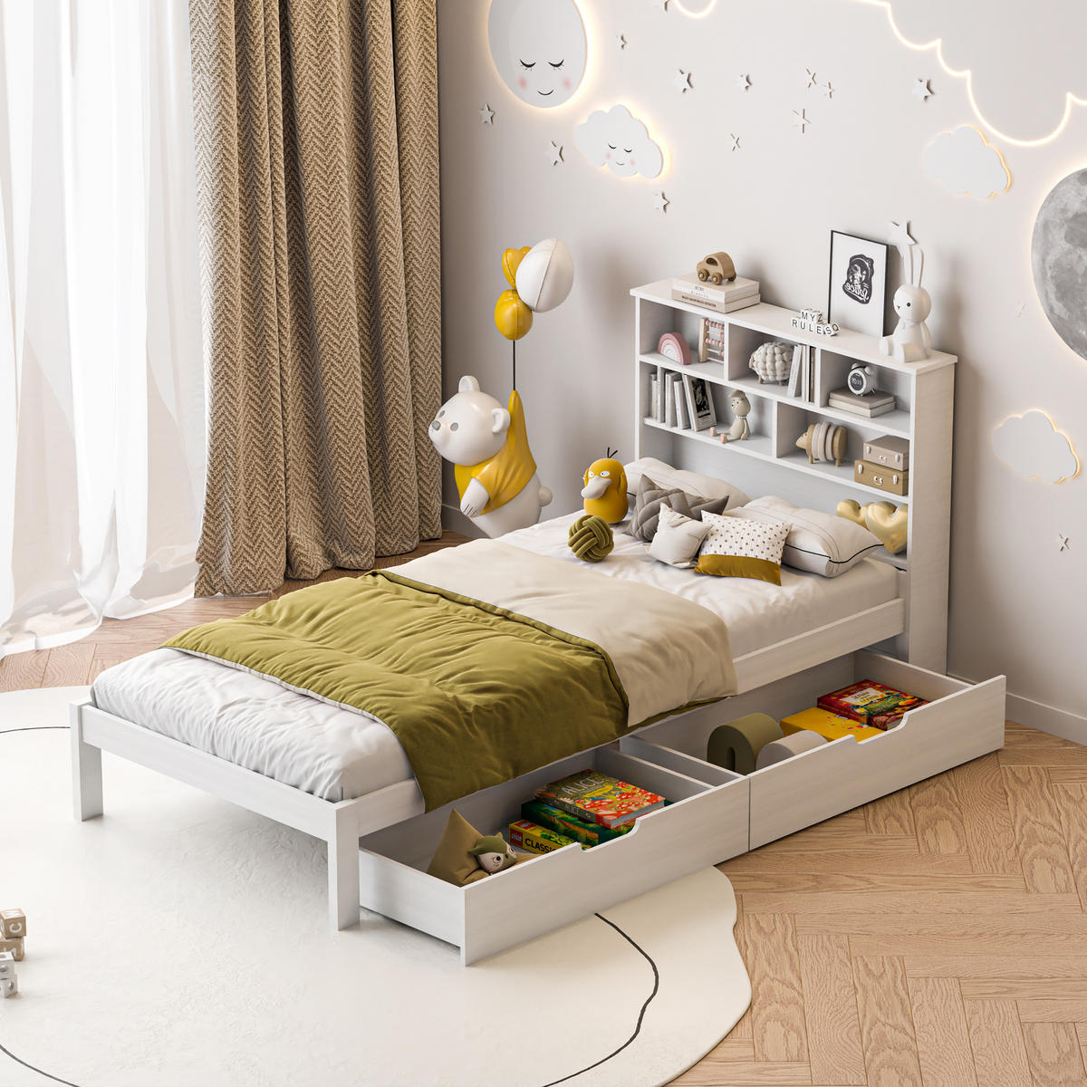 KINDERBETT 90x200cm mit 2 Schubladen, Weiß - Weiß, Holz (90/200cm)