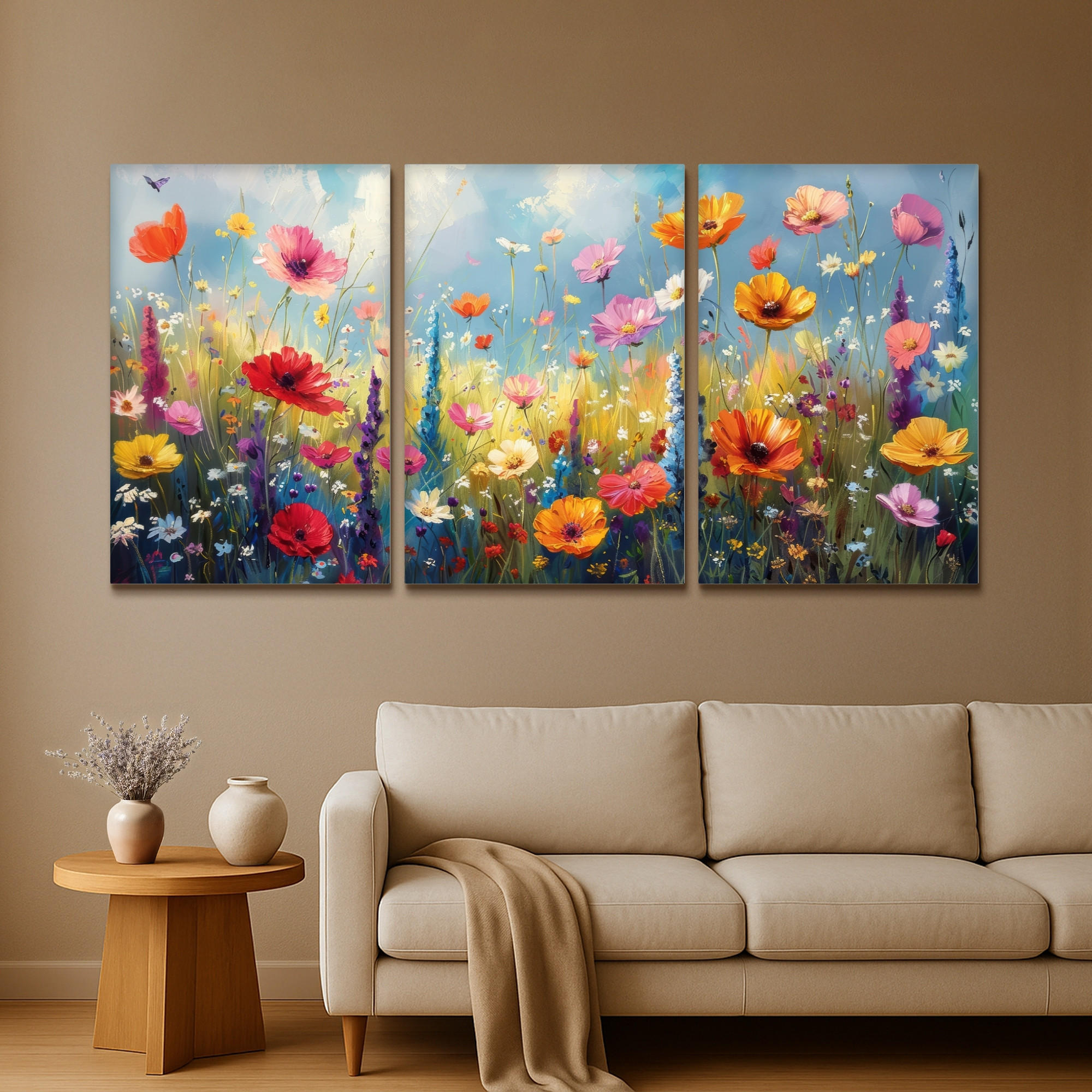 LEINWANDBILD 3er Set Blumen - Frühling - Farbenfroh - Sommerlich 240x120 cm - Orange, Textil (240/120cm) - MuchoWow