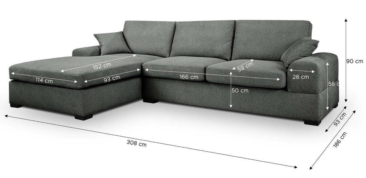 SOFA grau Strukturstoff 308 cm, Ecksofa 5-Sitzer, L-Sofa Ottomane links - Schwarz/Grau, Holz/Textil (308/186cm) - Inn.Furn