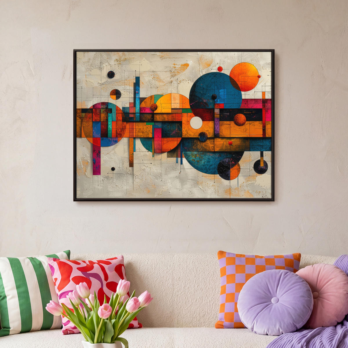 LEINWAND Bilder mit Rahmen - Vintage - Moderne Kunst - Orange - Geometrische Formen - 80x60 - Multicolor, Textil (80/60cm) - MuchoWow