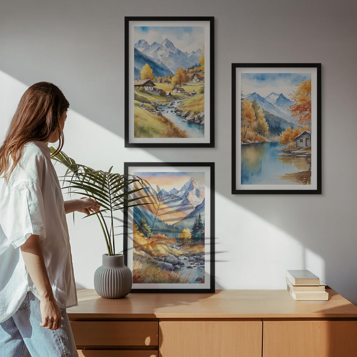 WANDBILDER 3er-Set - 40x60 cm Schwarzer Rahmen - Herbstliche Berge, Flusshäuser - Schwarz, Kunststoff (40/60cm) - ArtPrintCave