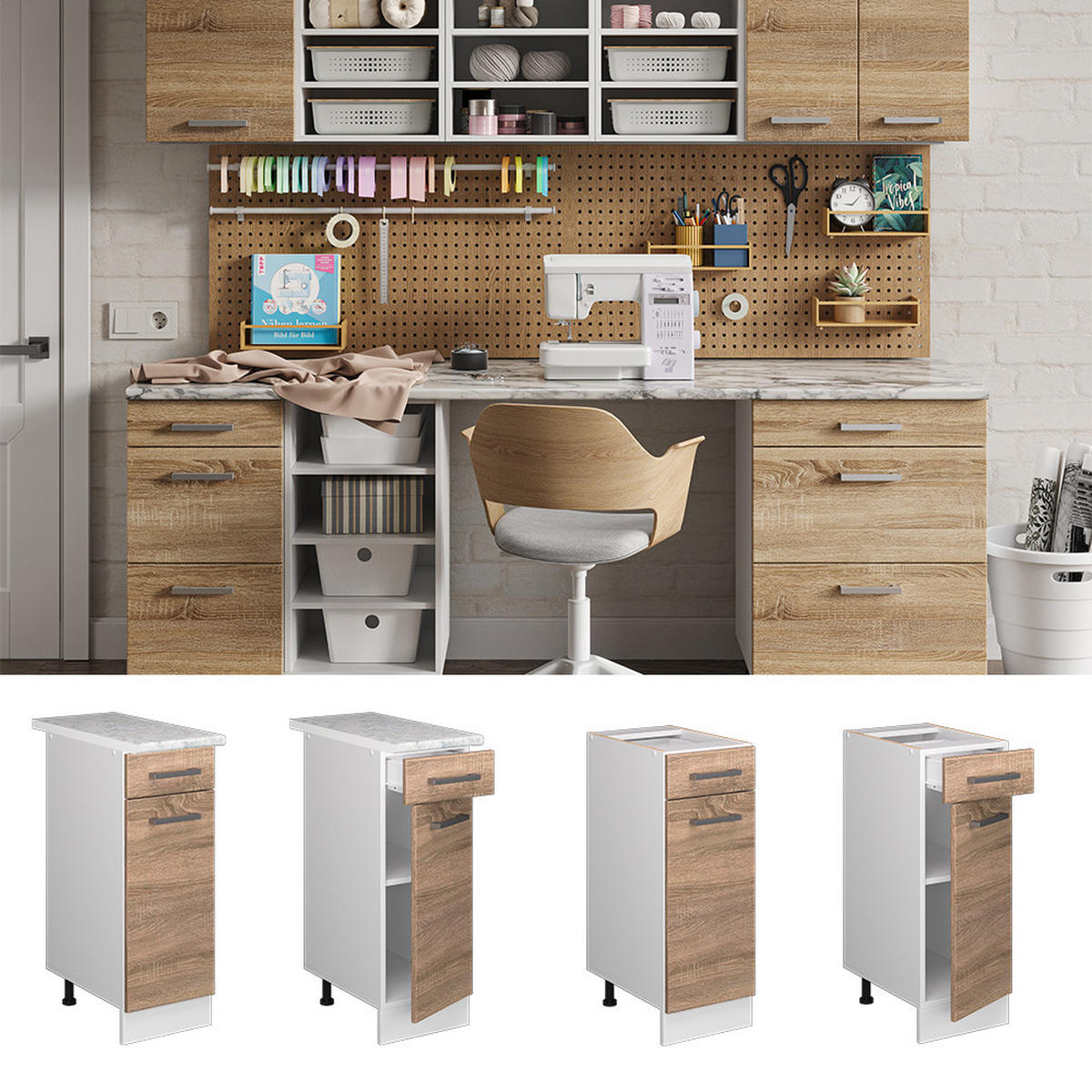 UNTERSCHRANK R-Line Sonoma 30 cm mit Schublade, ohne AP - Weiß/Sonoma Eiche, Holzwerkstoff (30/81.6/46cm) - Vicco