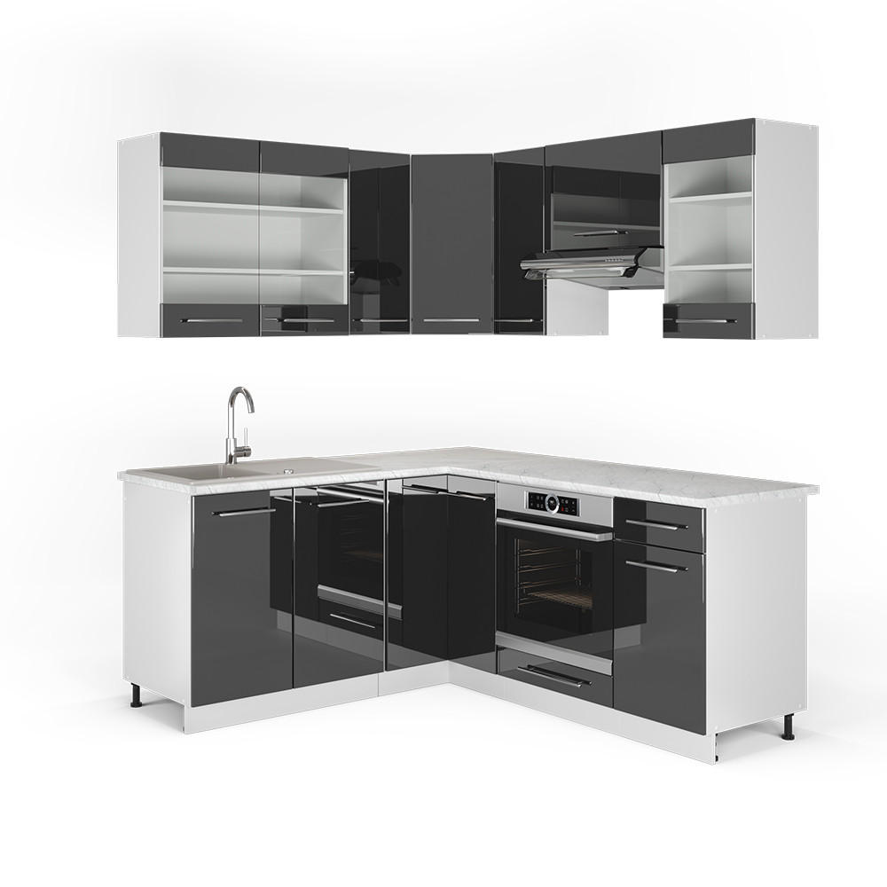 ECKKÜCHE Fame-Line Anthrazit Hochglanz/Weiß 160 x 190 cm, AP Marmor - Anthrazit/Weiß, Holzwerkstoff (190/81.6/60cm) - Vicco