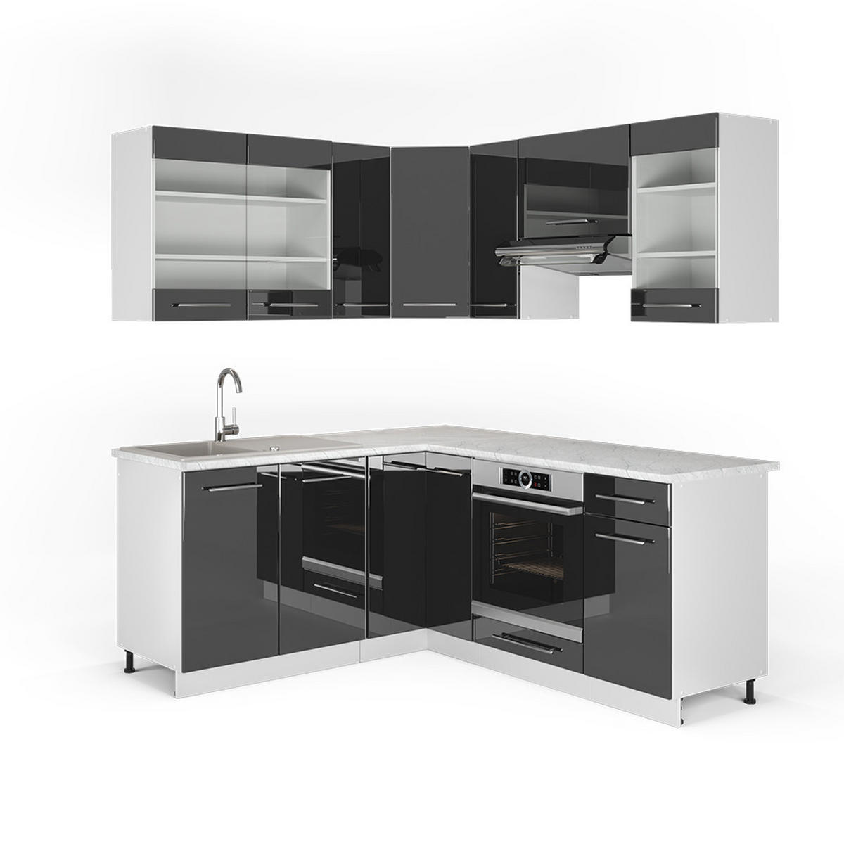 ECKKÜCHE Fame-Line Anthrazit Hochglanz/Weiß 160 x 190 cm, AP Marmor - Anthrazit/Weiß, Holzwerkstoff (190/81.6/60cm) - Vicco