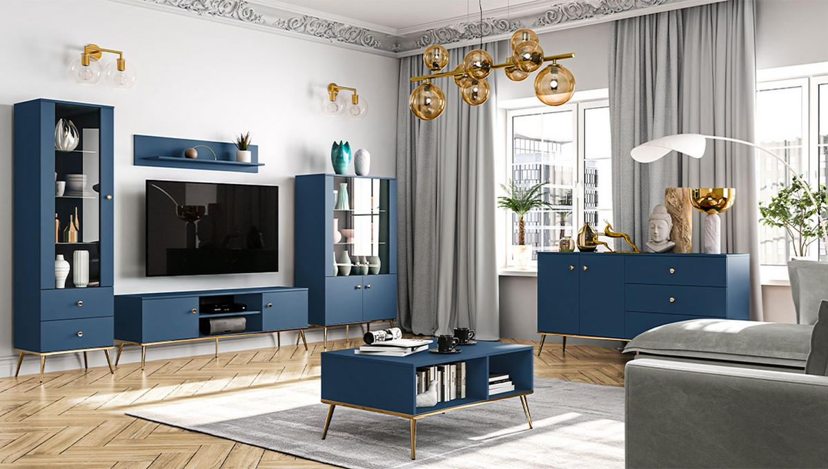 SIDEBOARD Marine dunkelblau / gold 160 / 40 / 85cm - Blau/Dunkelblau, Holz/Holzwerkstoff (160/85/40cm) - Feldmann-Wohnen