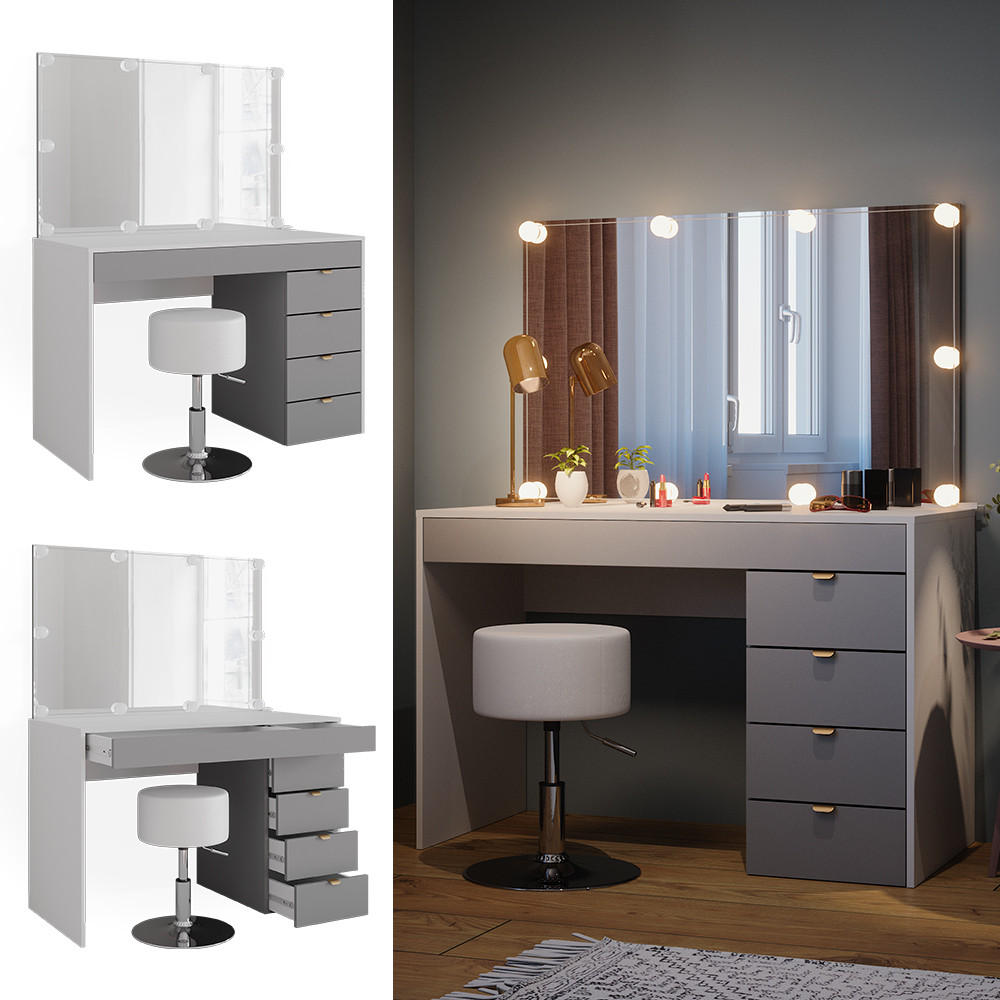 SCHMINKTISCH Elise Weiß/Grau/Grau 115 cm mit LED Beleuchtung und Hocker - Weiß/Grau, Holzwerkstoff (115/76/55cm) - Vicco