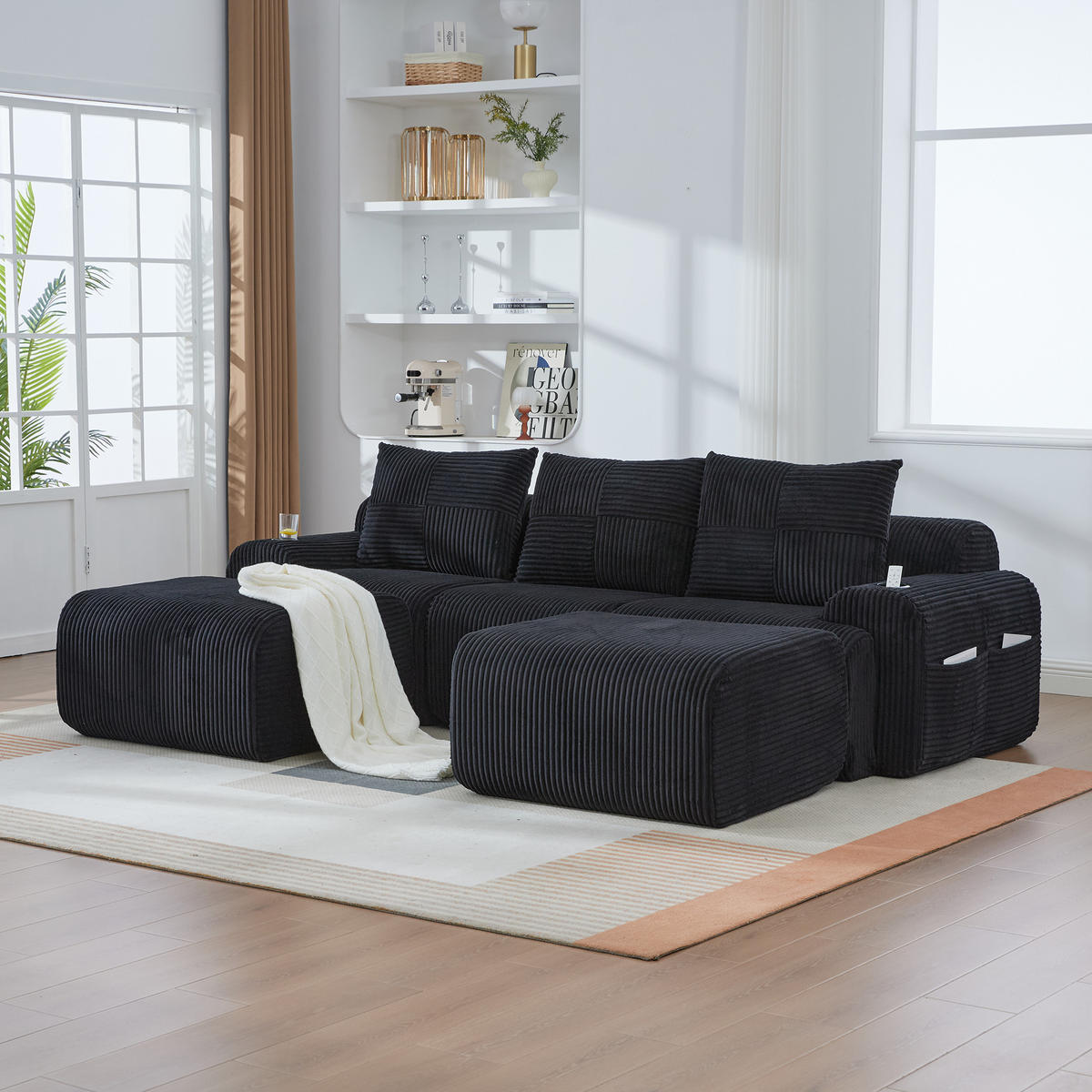 3-SITZER-SOFA aus Cord 268x174x80 cm mit Cupholder & Seitentasche, schwarz - Schwarz, Textil (174/80/268cm)