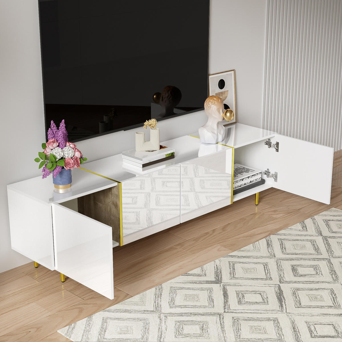TV-LOWBOARD aus MDF 170x35x46 cm Weiß Hochglanz mit 4 Türen und Soft-Close-Scharnieren - Weiß, Holzwerkstoff (170/46/35cm) - IVMEU