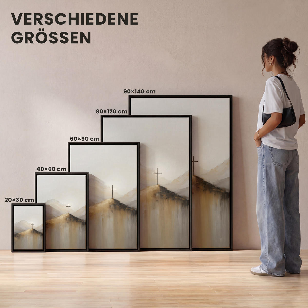 LEINWAND Bilder mit Rahmen - Hügel - Abstrakt - Kreuz - Christentum - 40x60 - Beige, Textil (40/60cm) - MuchoWow