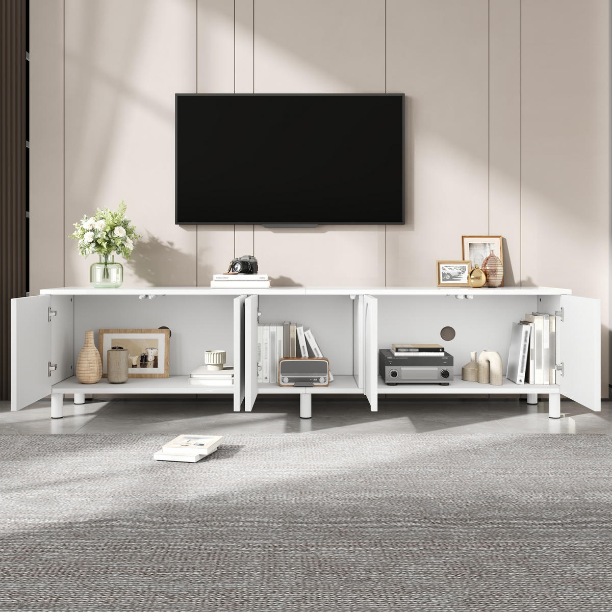 TV-SCHRANK Lowboard 5 Türen Metallfüße modern Stauraum - Weiß, Holzwerkstoff (38/45/180cm) - FLIEKS