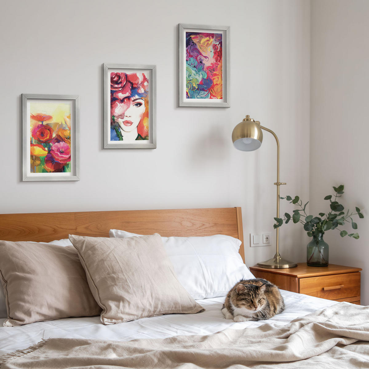 WANDBILDER 3er Set - 20x30 cm Silberner Rahmen - Intensives Blumenporträt einer Frau - Silberfarben, Kunststoff (20/30cm) - ArtPrintCave