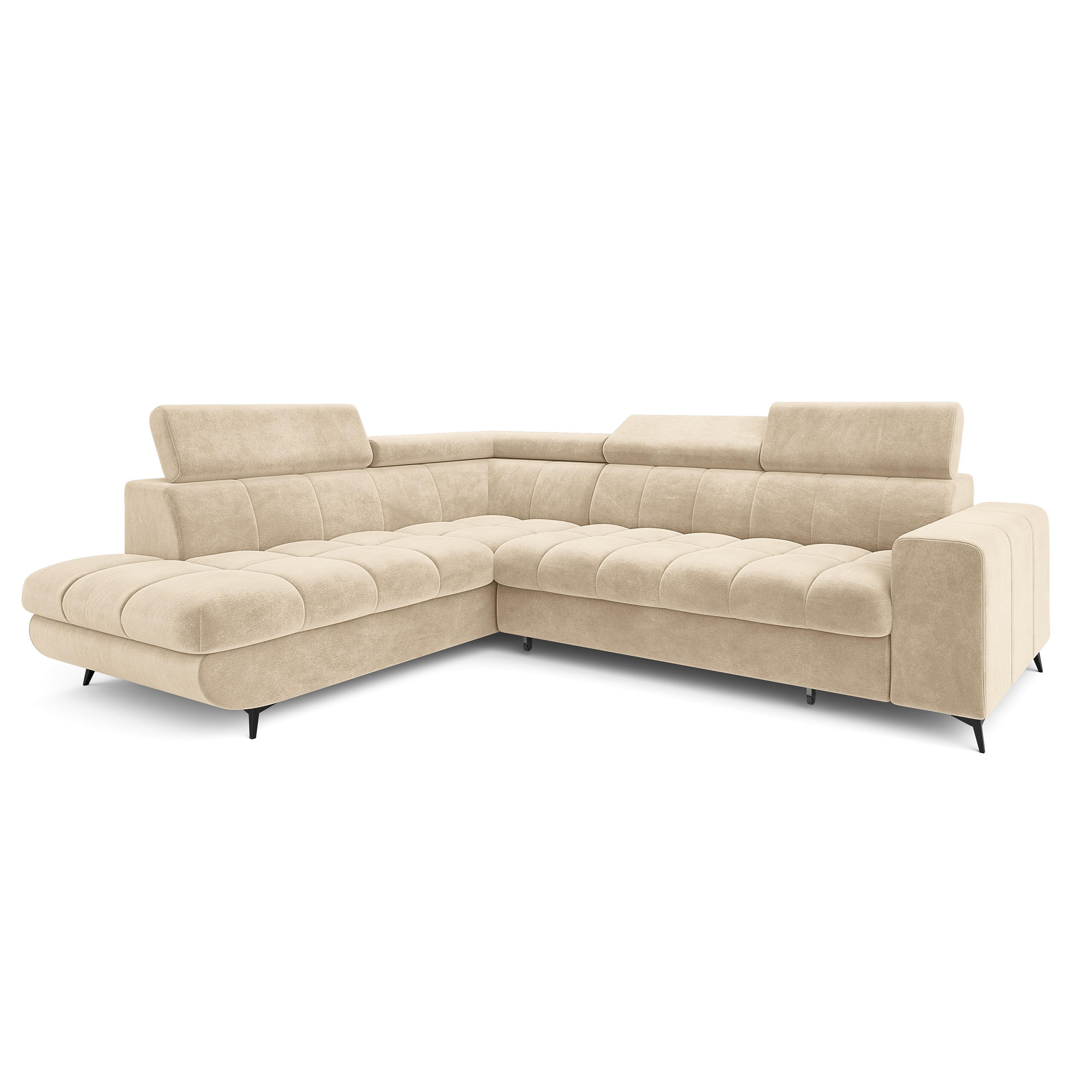 ECKSOFA MORIVA L-S Creme Velours-Stoff mit Schlaffunktion - Creme, Holz (253/190cm) - MASSENO