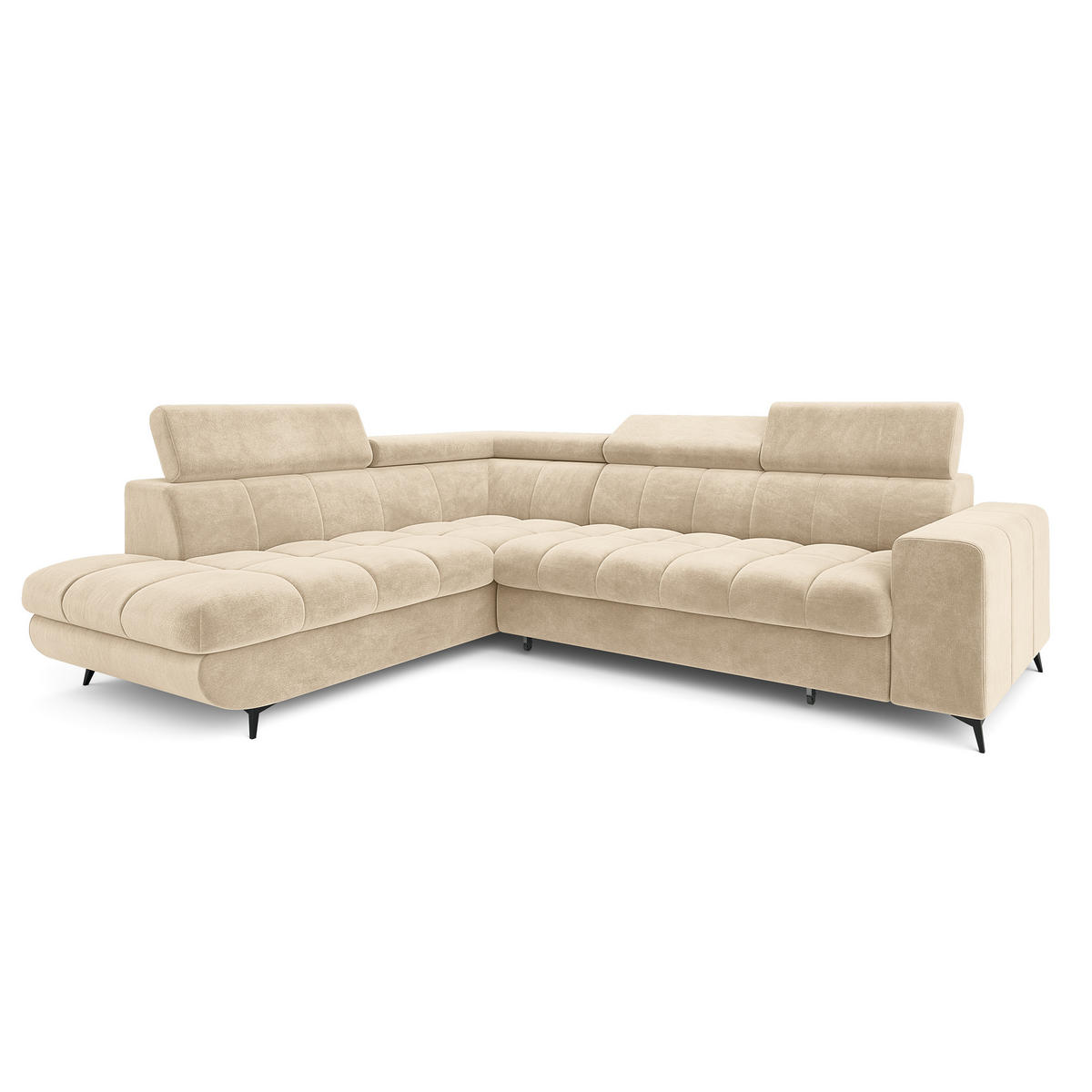 ECKSOFA MORIVA L-S Creme Velours-Stoff mit Schlaffunktion - Creme, Holz (253/190cm) - MASSENO