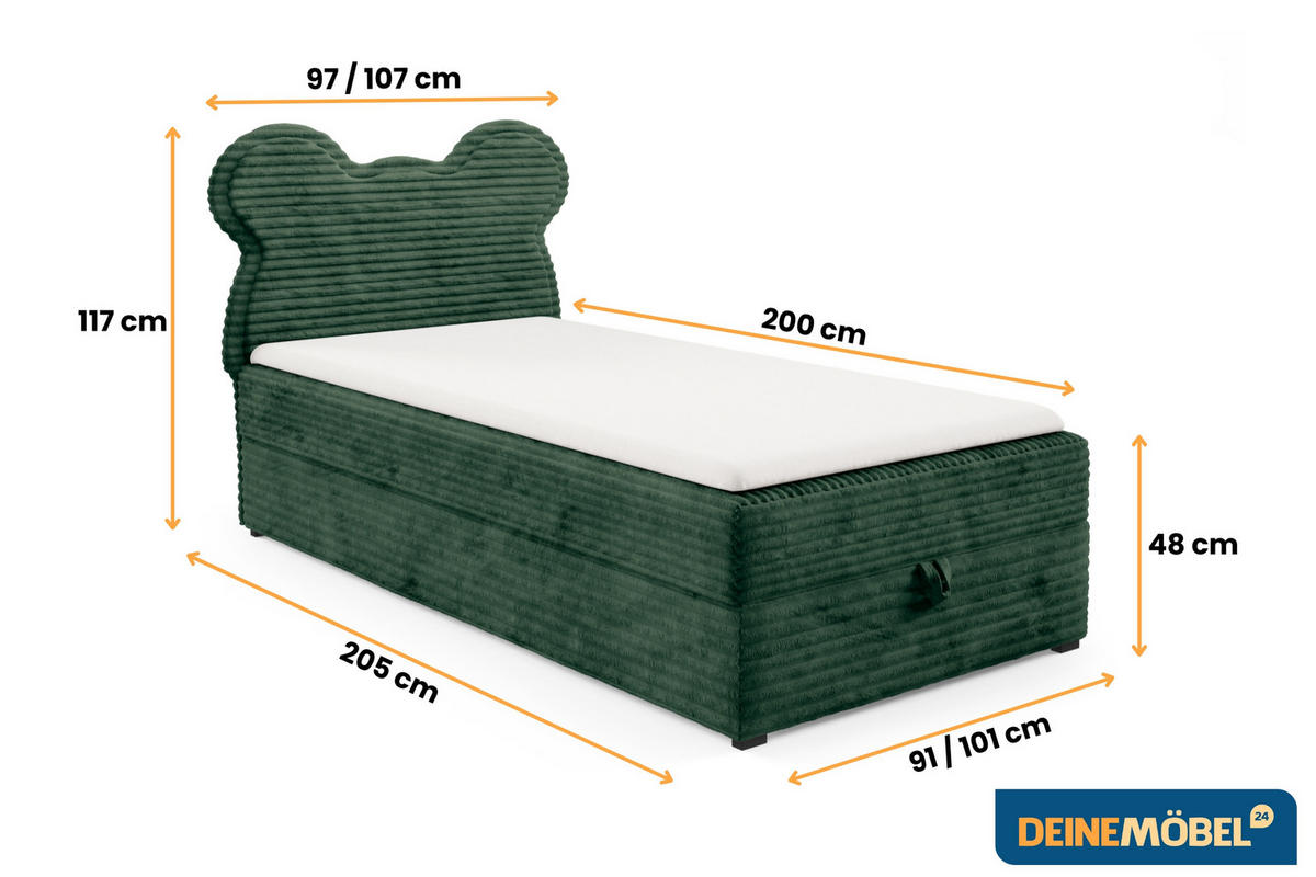 BOXBETT TEDDY 90/200 Cord-Samt Dunkelgrün H4 - Dunkelgrün, Holz/Holzwerkstoff (90/200cm) - Deine Möbel 24