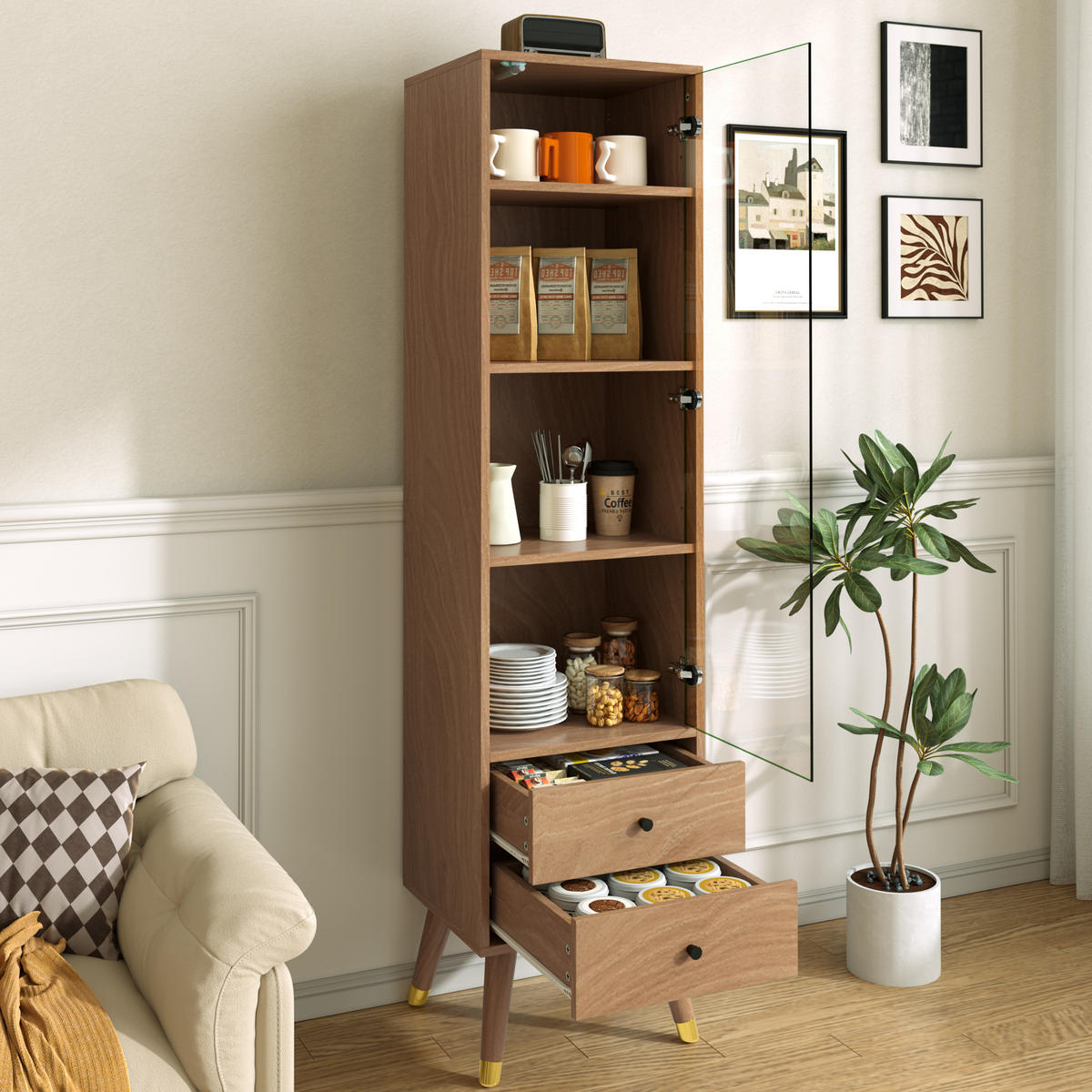 VITRINE in Naturfarben mit Glastür und 2 Schubladen für Wohnzimmer, B39,8/T35/H160 cm - Transparent/Naturfarben, Glas/Holzwerkstoff (39.8/160/35cm) - STILVORA