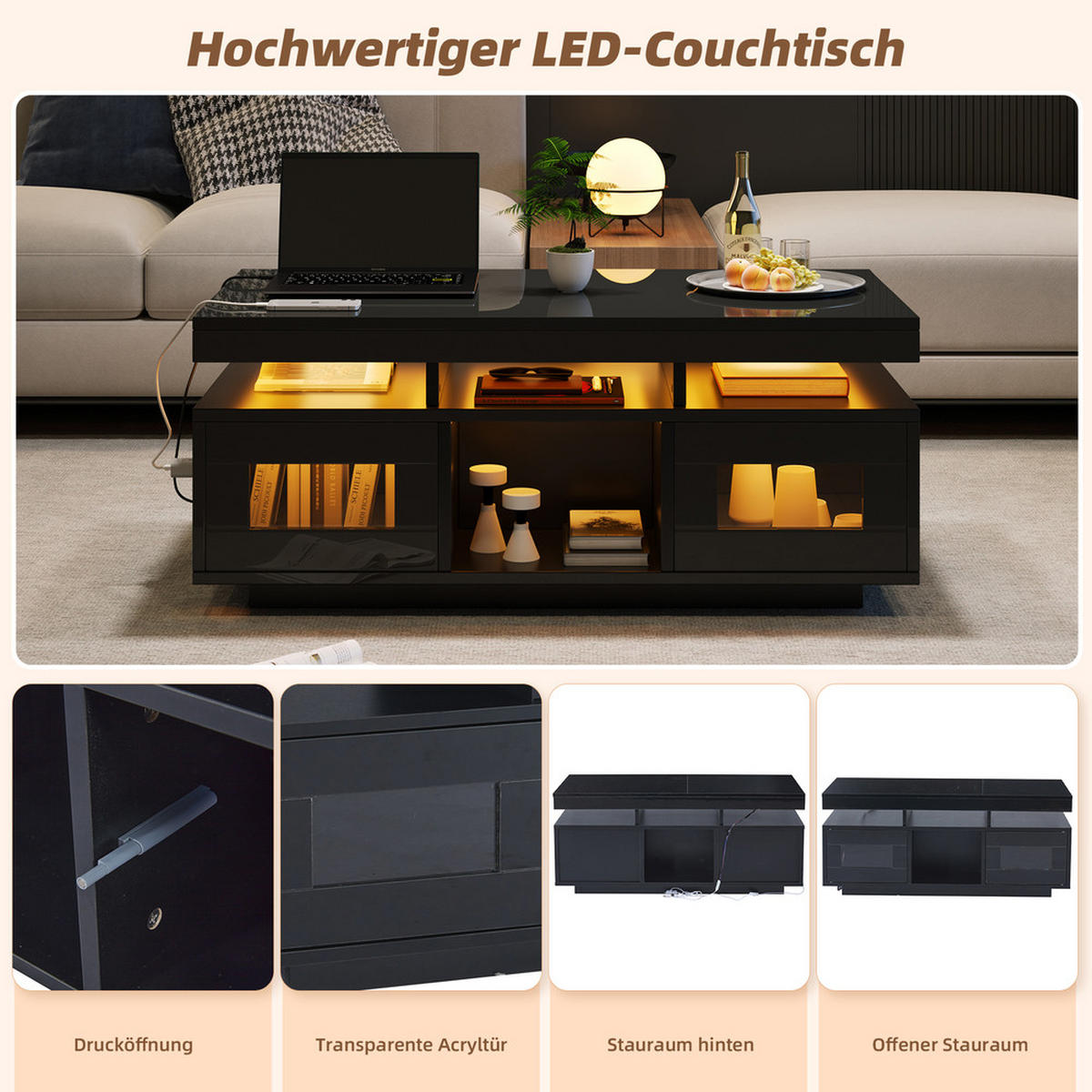 COUCHTISCH 100x50cm Schwarz Hochglanz LED App 2 USB Steckdose Schrank - Schwarz, Holz (109.86/59.06/15.24cm) - FLIEKS