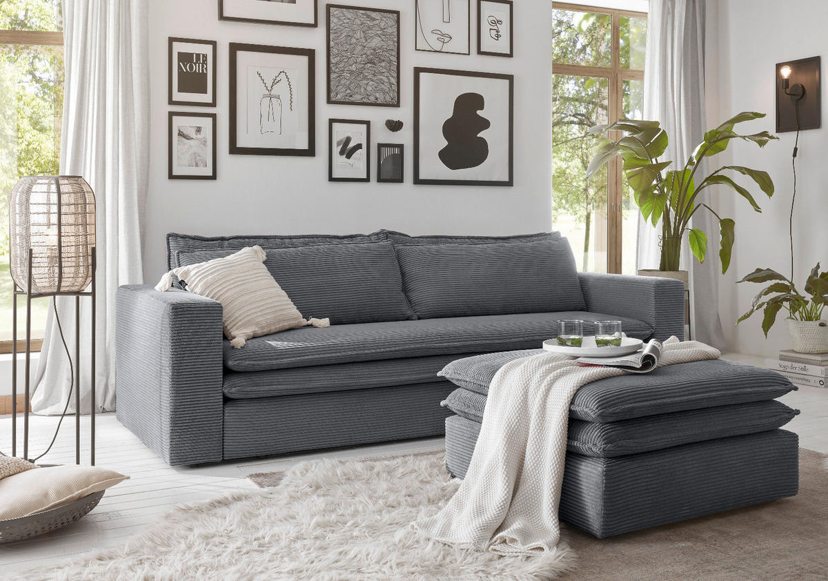 SOFA-SET grau Cord, Couch 3-Sitzer mit Bettfunktion inklusive Hocker - Beige/Grau, Holz/Textil (244/83/176cm) - Furn.Design