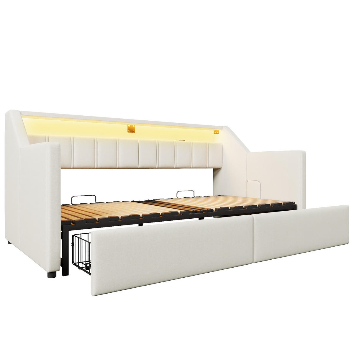 POSTELJA 90/200 cm z USB, LED trakom in predaloma, bež - bež, tekstil (90/200cm) - Flora Grace