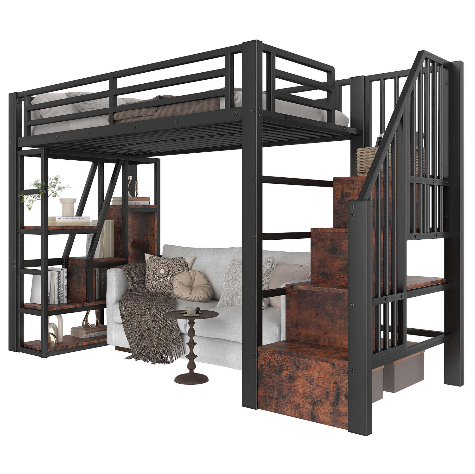 HOCHBETT 254/95,5/160 cm aus Metall und MDF mit LED-Lichtleiste und Stauraumtreppe Schwarz - Schwarz, Holzwerkstoff (90/200cm) - Modenvie