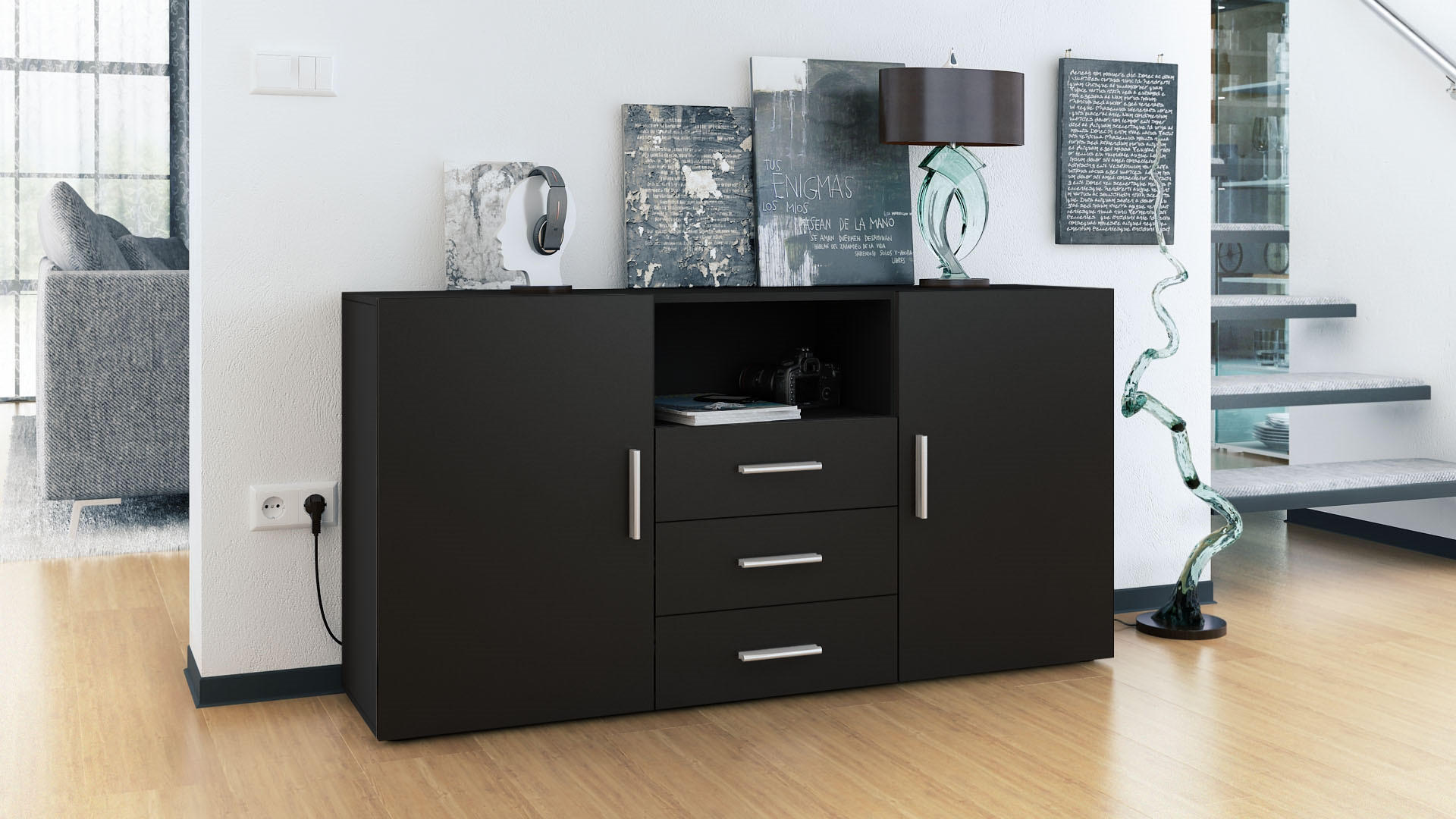 SIDEBOARD Skadu Front in Schwarz matt - Schwarz, Holzwerkstoff (138.5/71.5/35cm) - Vladon