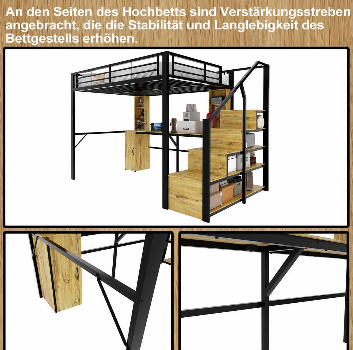 HOCHBETT aus Metall, Sperrholz und MDF 140x200 cm Schwarz mit Schreibtisch und Stauraumtreppe - Schwarz, Metall (140/200cm) - IVMEU