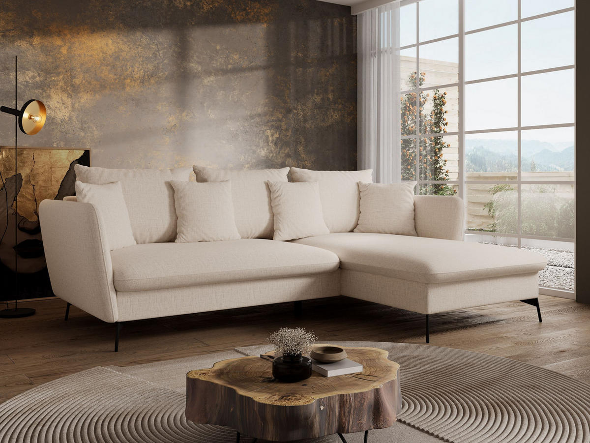 ECKSOFA FERRO Creme Chenille mit Schlaffunktion - Creme, Holz (258/167cm) - MASSENO
