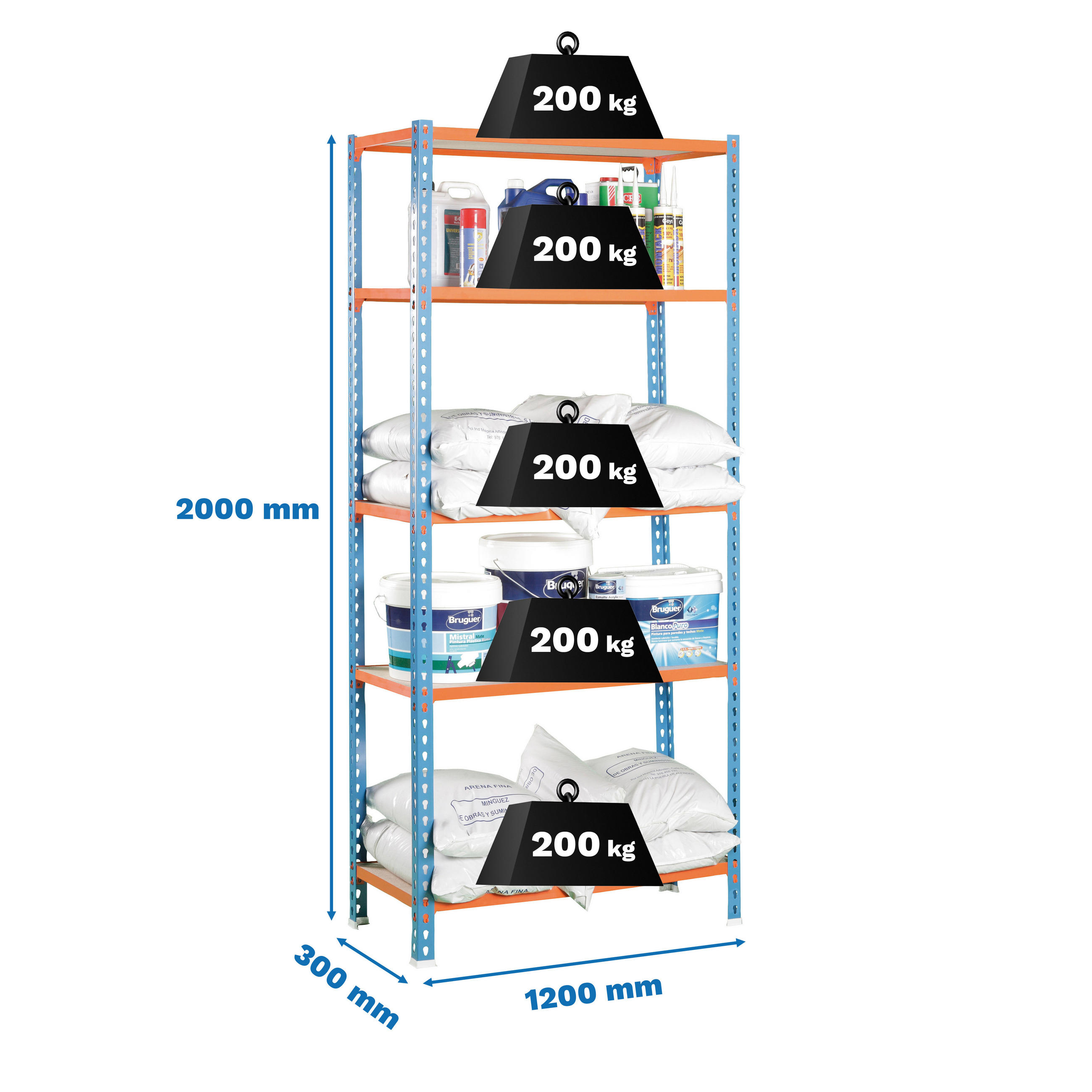 SCHWERLASTREGAL Big Muli HxBxT 200 x 120 x 30 cm 5 Fachböden Fachlast 200 kg Blau-Orange - Gelb, Metall (120/200/30cm) - PROREGAL