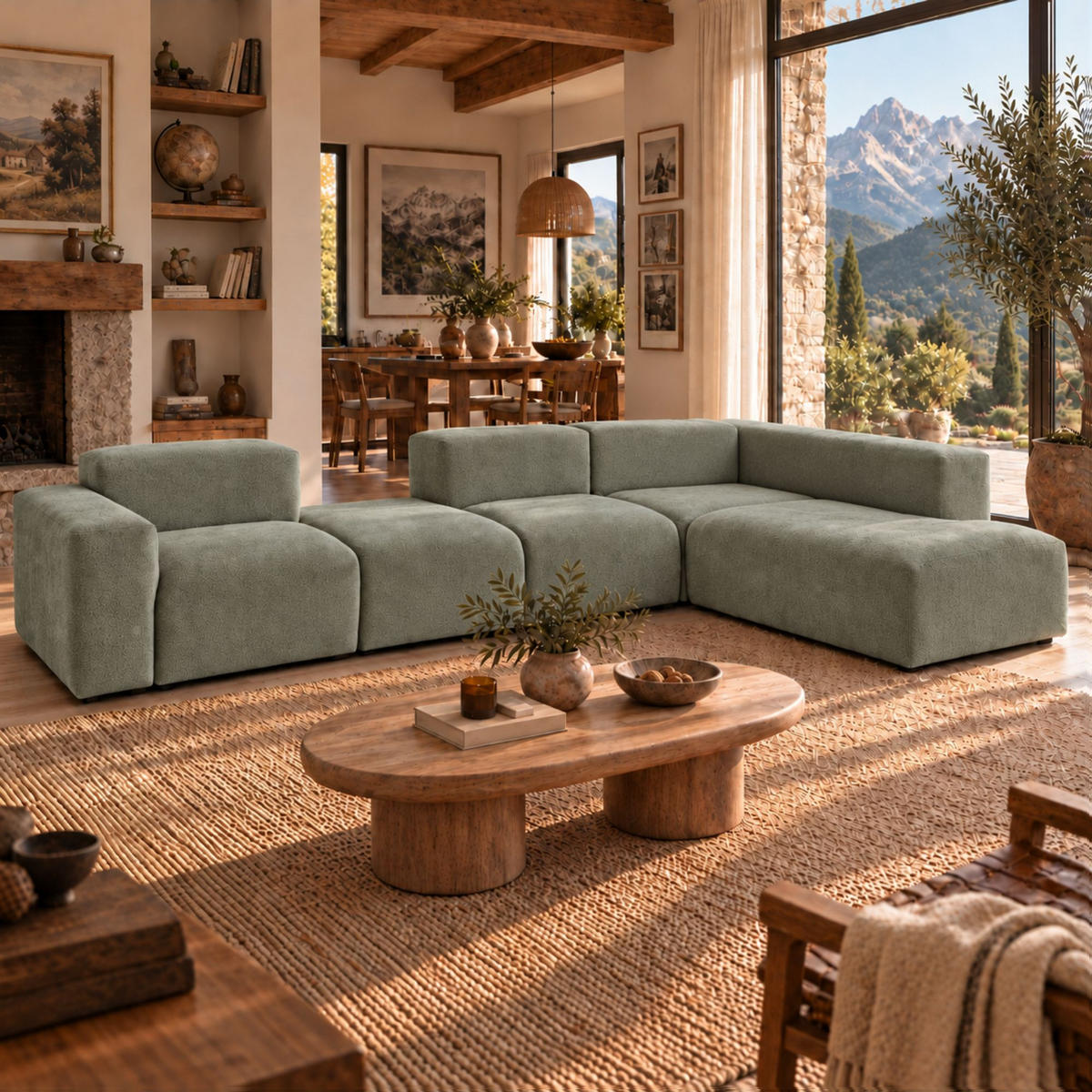 5-SITZER modulares Ecksofa HEAVEN SET 5 Rechts, Breite 380 cm Webstoff Grün - Schwarz/Grün, Holz/Kunststoff (245/380cm) - Muffo
