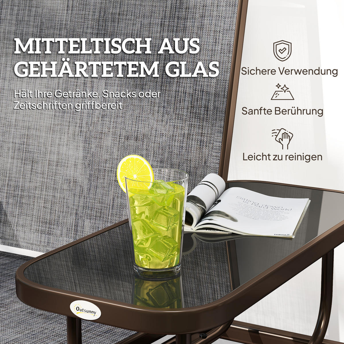 GARTENBANK DE-07056 2-Sitzer mit Mittelablage, wetterfest - Braun/Grau, Textil/Metall (147/101.5/78cm) - ComfortXL