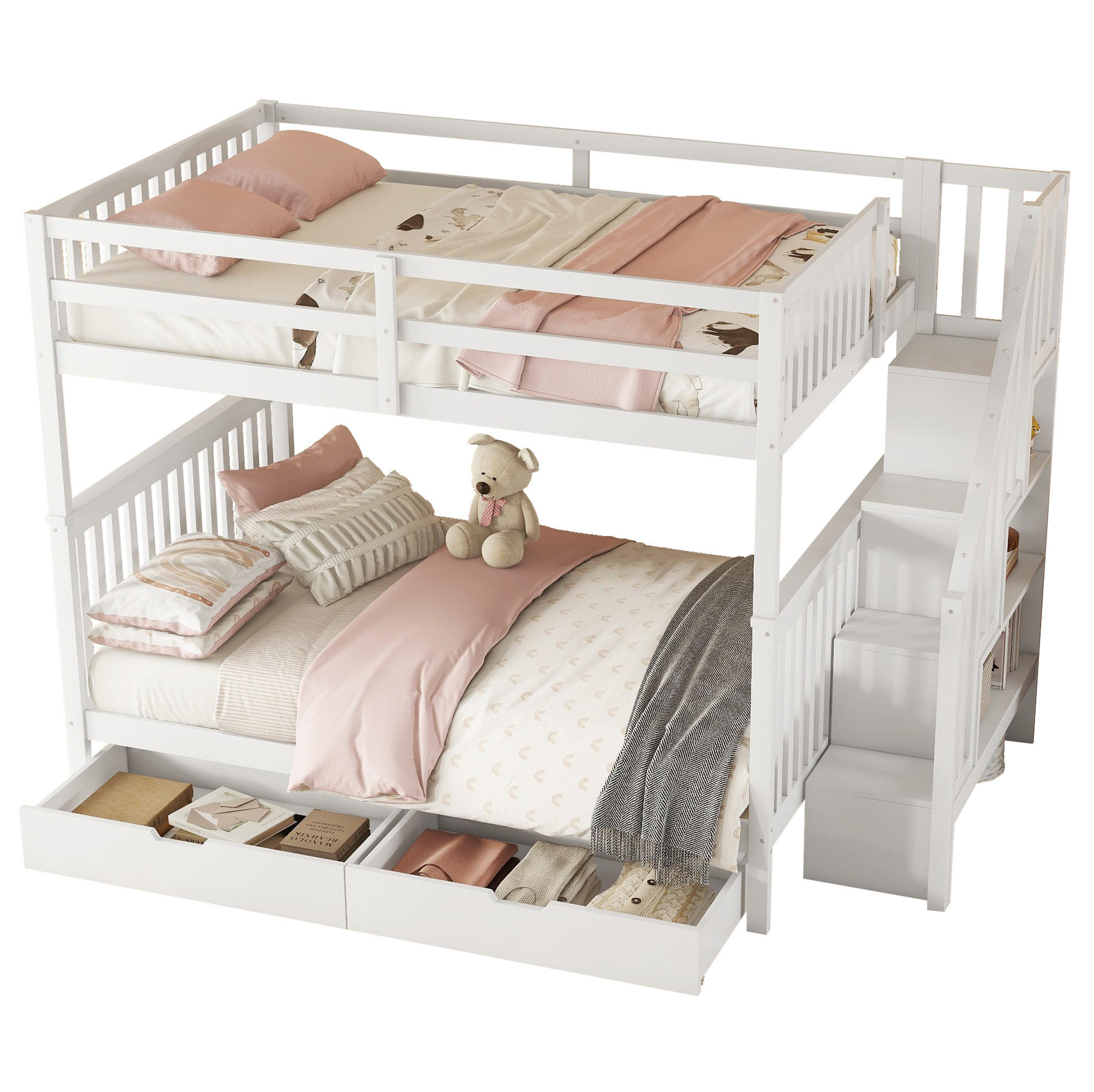 ETAGENBETT 140/200 cm Weiß mit Treppenregal und 2 Schubladen - Weiß, Holz (140/200cm) - MIVRAY