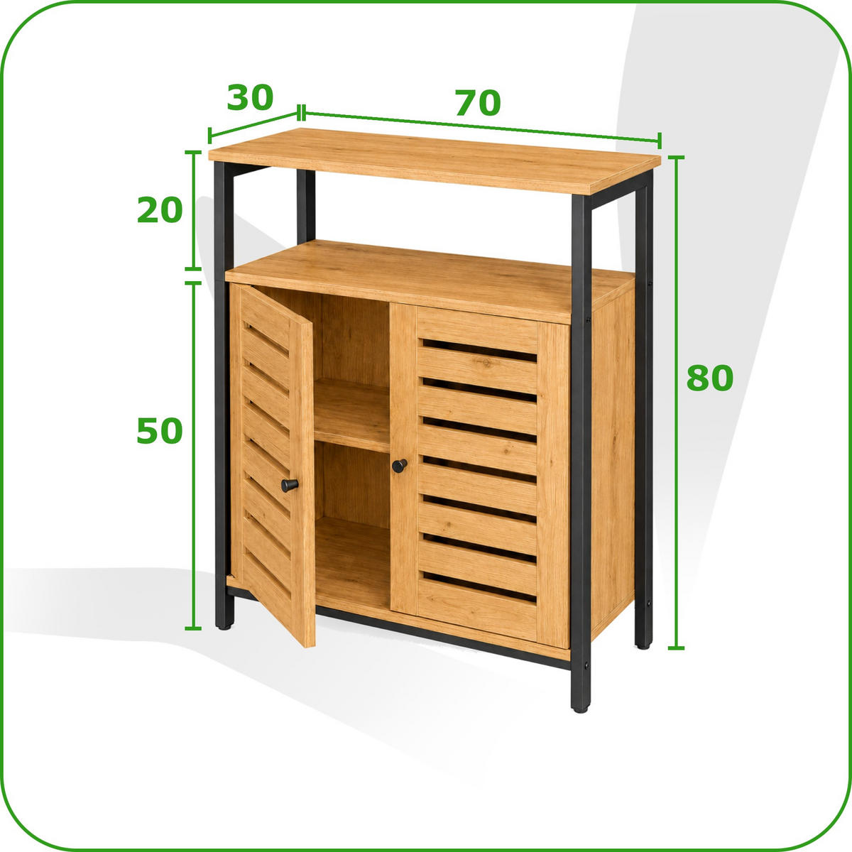 KOMMODE Metall Holzoptik Eiche Schwarz mit Lamellentüren Ablage 70x30x80 cm - Eichefarben/Schwarz, Holzwerkstoff (70/80/30cm) - Begryf