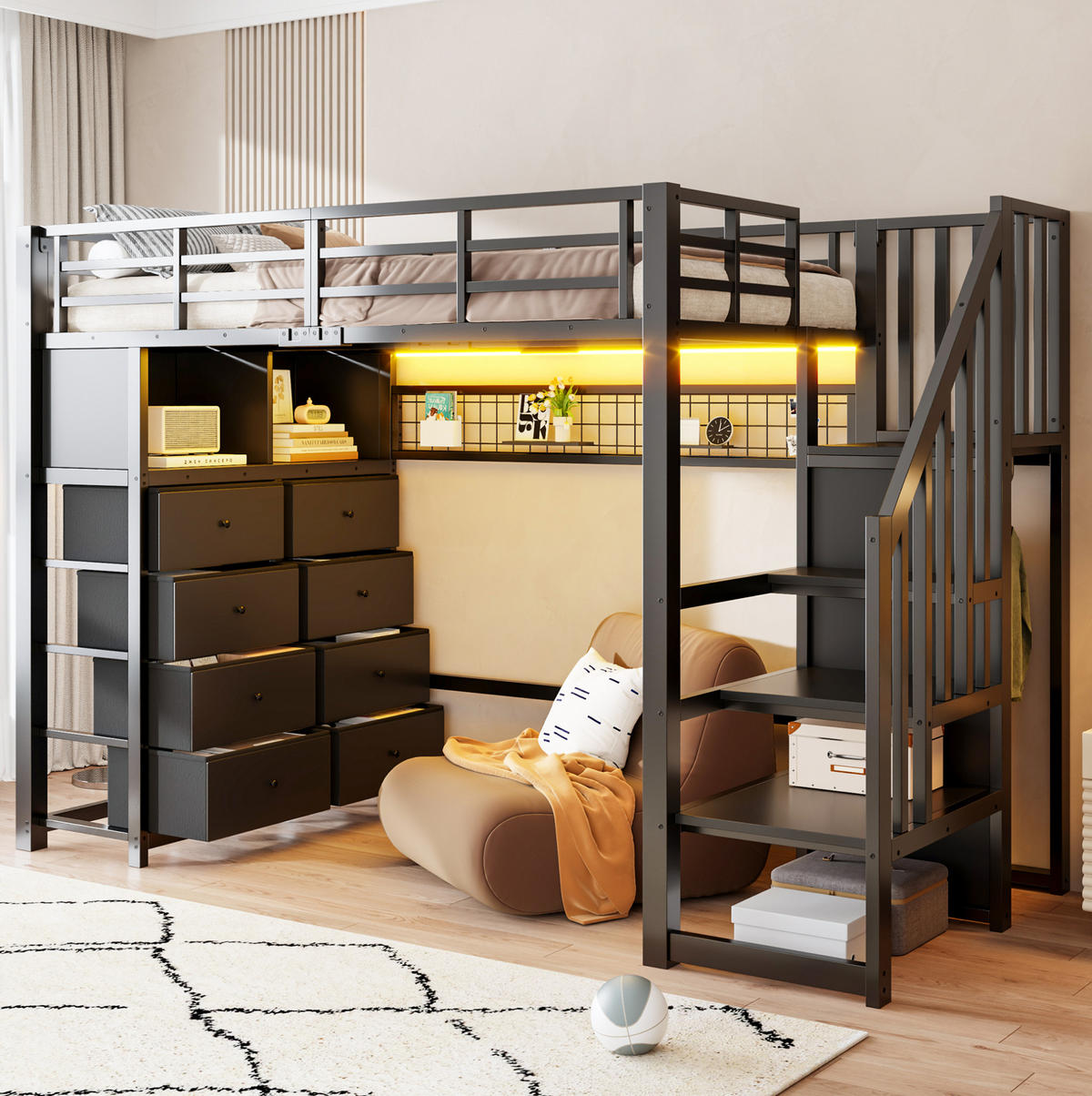 HOCHBETT Metall/MDF 90x200 cm Schwarz mit 8 Schubladen, Treppe, Kleiderschrank und LED - Schwarz, Holzwerkstoff (90/200cm) - Modfu