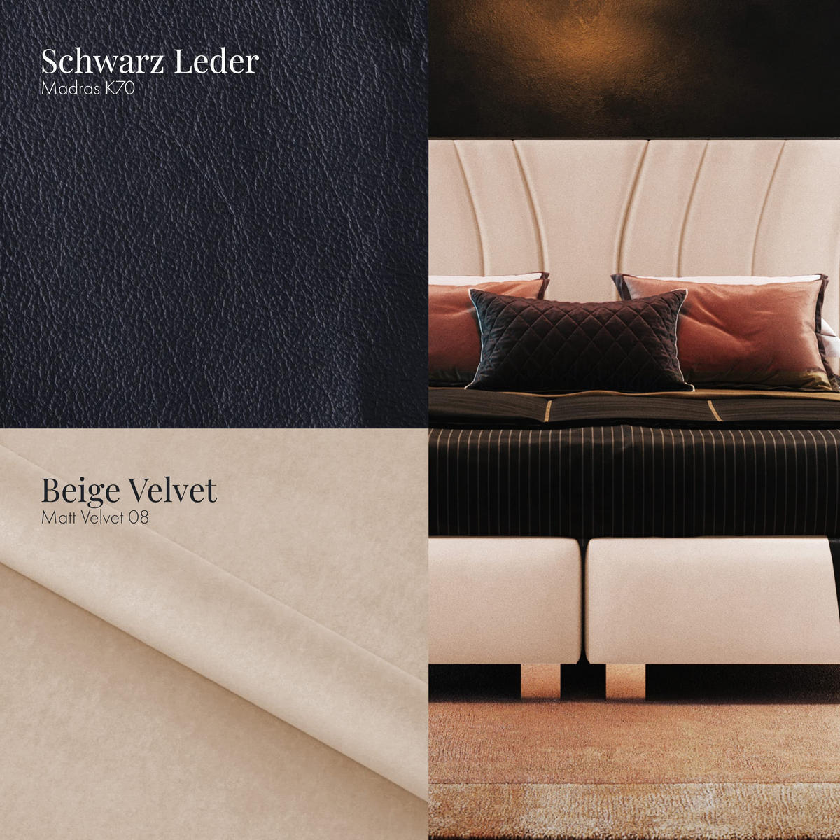 BOXSPRINGBETT IMPERIAL 160x200 cm, Aus Leder und Velvet Bezug, Schwarz Leder + Beige Velvet - Beige, Leder/Holz (160/200cm) - Trada