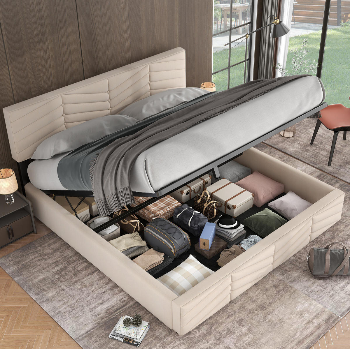 POLSTERBETT 160/200 cm beige mit hydraulischem Bettkasten und höhenverstellbarem Kopfteil - Beige, Textil (160/200cm) - OKWISH