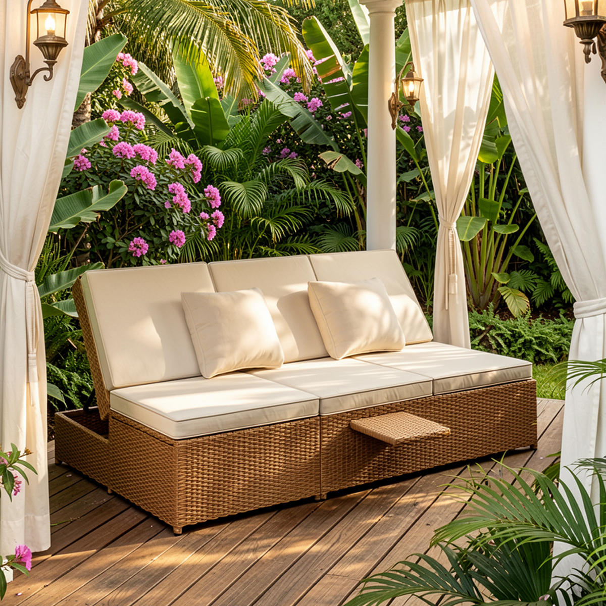 DOPPEL-SONNENLIEGE 199 cm Polyrattan Natur Gartenliege für 2 Personen mit verstellbarer Rückenlehne & Polster - Weiß, Metall (199/37/120cm) - Urban Meuble