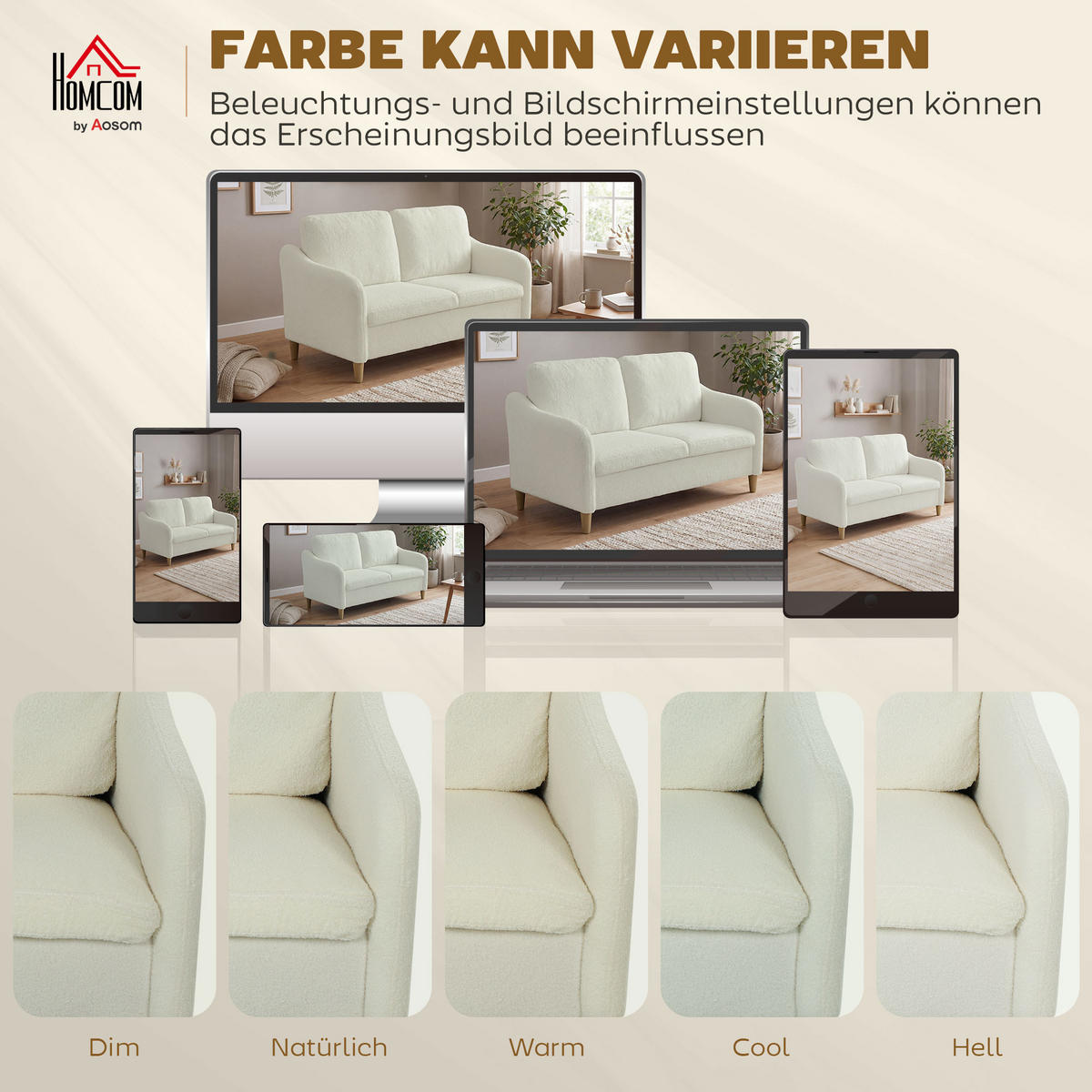 2-SITZER-SOFA DE-06558 kleine Couch mit Sherpa-Fleece-Optik, 137 cm Cremeweiß - Creme, Holz/Textil (137/82/69cm) - ComfortXL