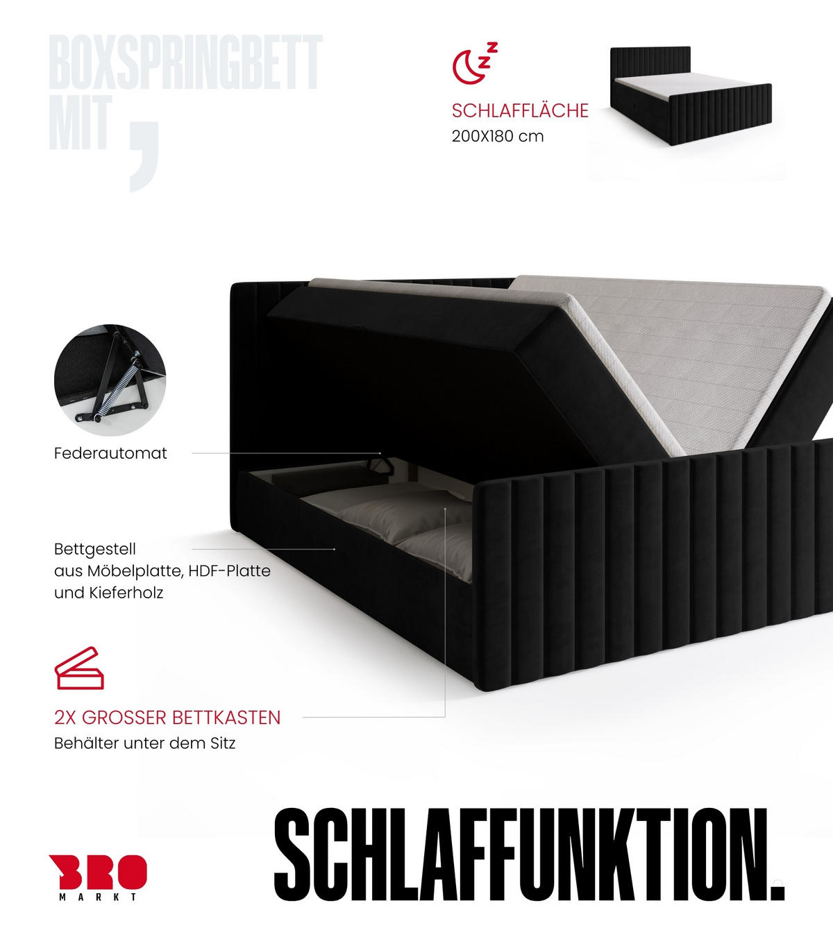 BOXSPRINGBETT Dream Duo mit Topper 180/200 Schwarz - Schwarz, Kunststoff (180/200cm) - Bromarkt
