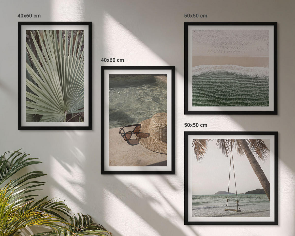 BILDER SET 4er Set - 50x50 cm & 40x60 cm Schwarzer Rahmen - Strandschaukel-Blätterurlaub - Schwarz, Kunststoff (50/50cm) - TULUP