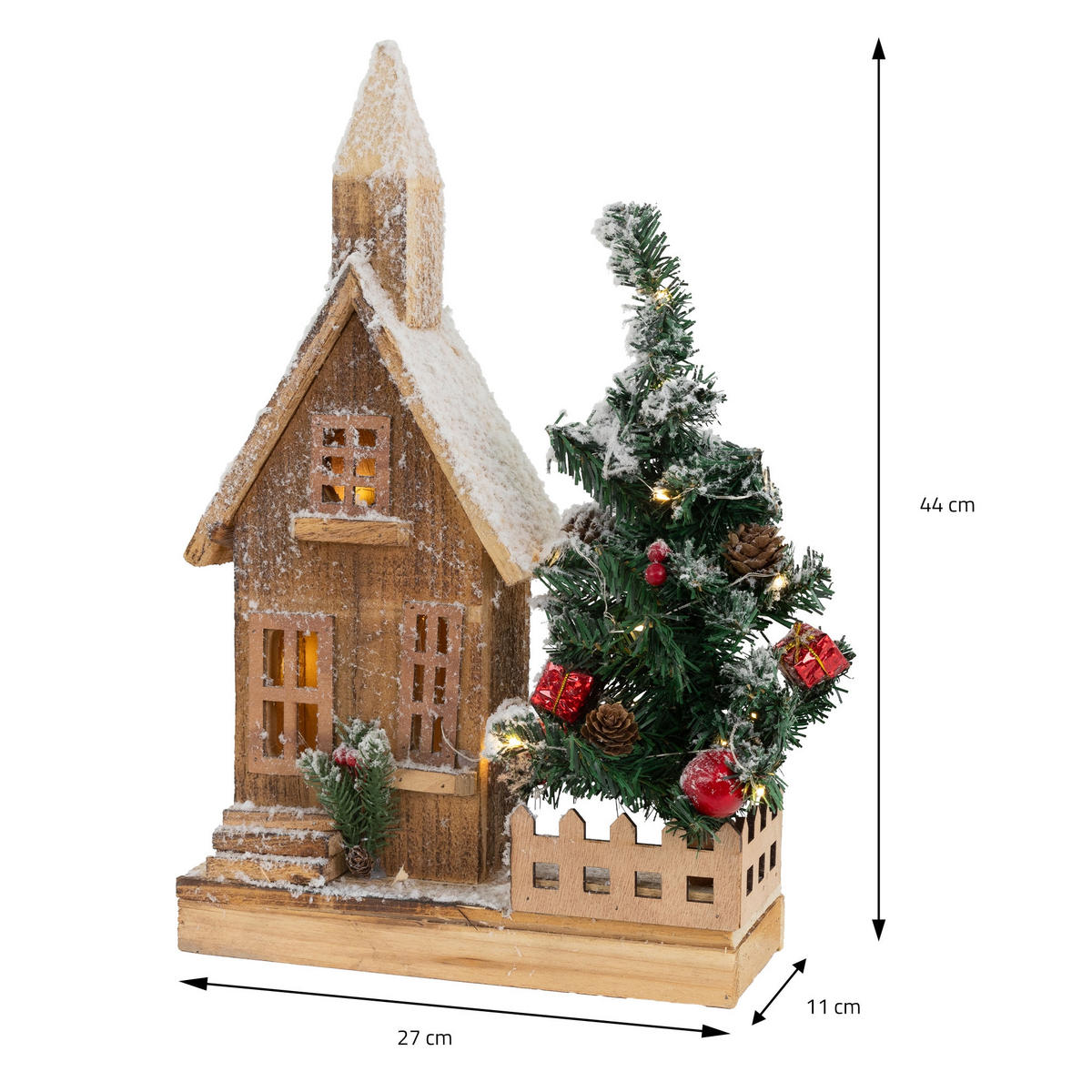 WEIHNACHT HAUS mit Baum - Braun, Holz (11/44/27cm)