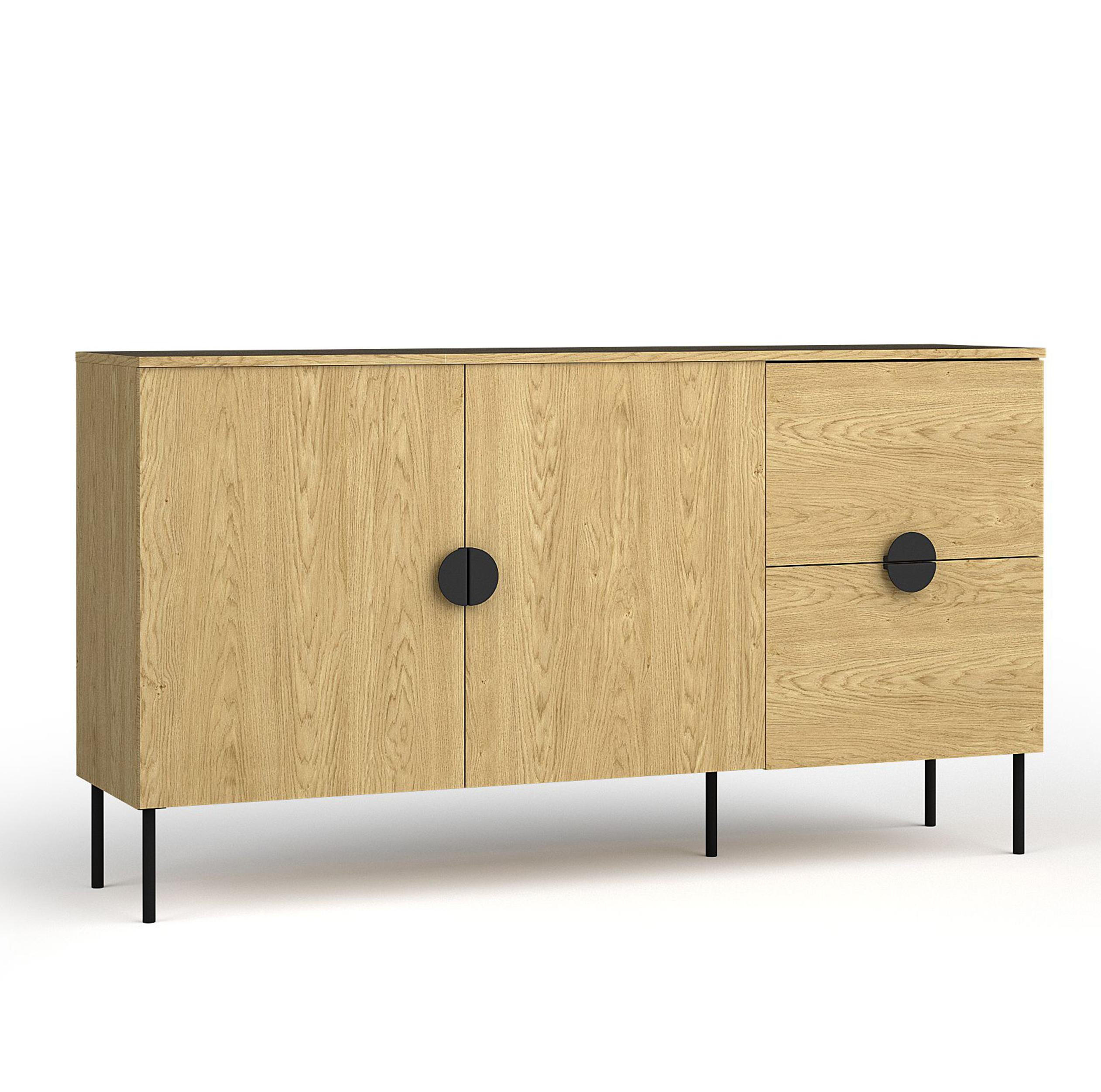 SIDEBOARD Brunelli 2T 2S Eiche Baltic 160/87,6/40 cm – mit geräumigen Schubladen - Eichefarben/Schwarz, Holzwerkstoff/Metall (160/87.6/40cm) - AX Living