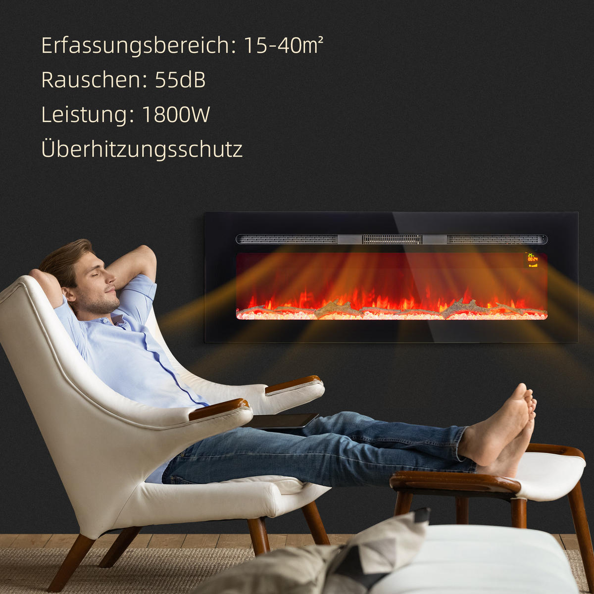 ELEKTROKAMIN 1800 W Wandkamin mit LED 3D-Flammeneffekt Kristalle in 3 Farben - Schwarz, Metall (15.8/45/127cm) - HOMCOM