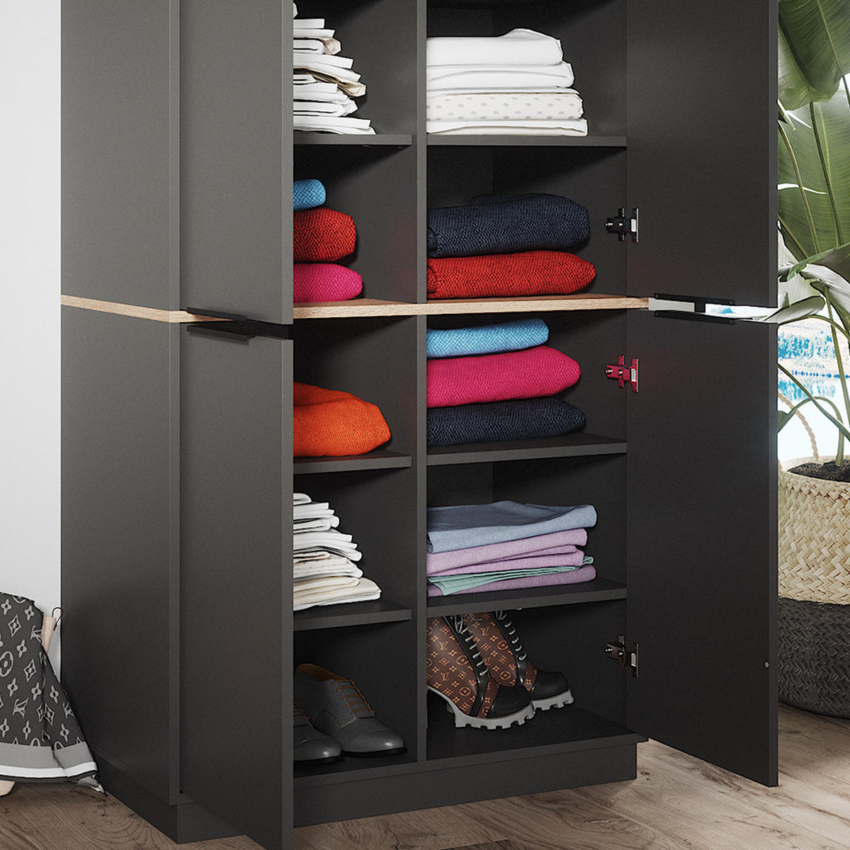 KLEIDERSCHRANK Betti Anthrazit 82 x 179 cm mit 4 Türen - Anthrazit/Sonoma Eiche, Holzwerkstoff (82/179/50cm) - Vicco